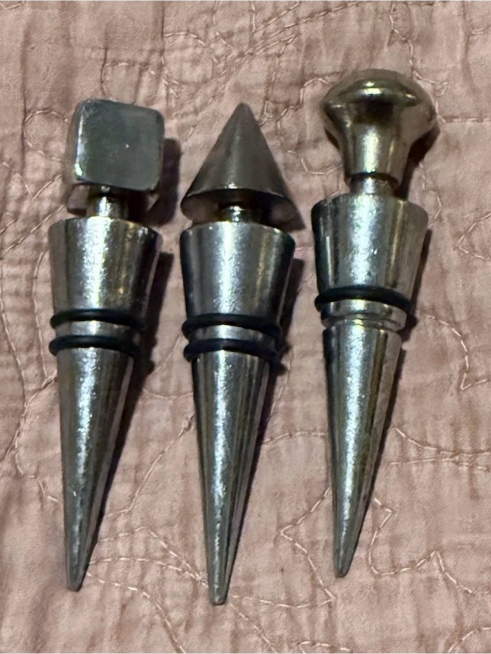 3 Vintage Bottle Stoppers 1980s Italy Geometric Conical Metal
